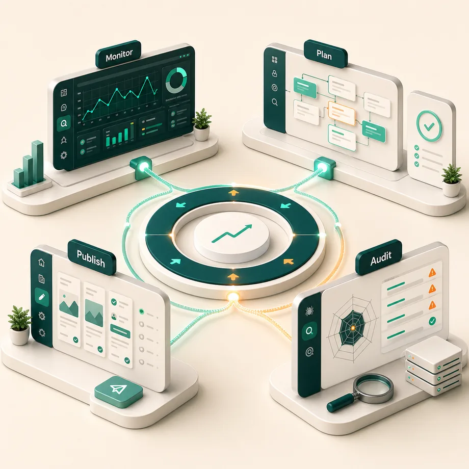 Searvora AI SEO execution workflow from analysis to audit